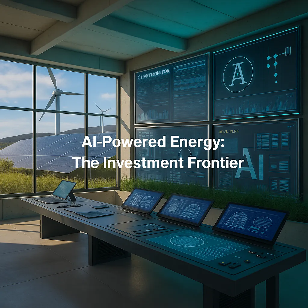 Futuristic AI energy control room with digital dashboards, overlooking wind turbines and solar panels, highlights investment potential in clean, intelligent, renewable energy technology systems.