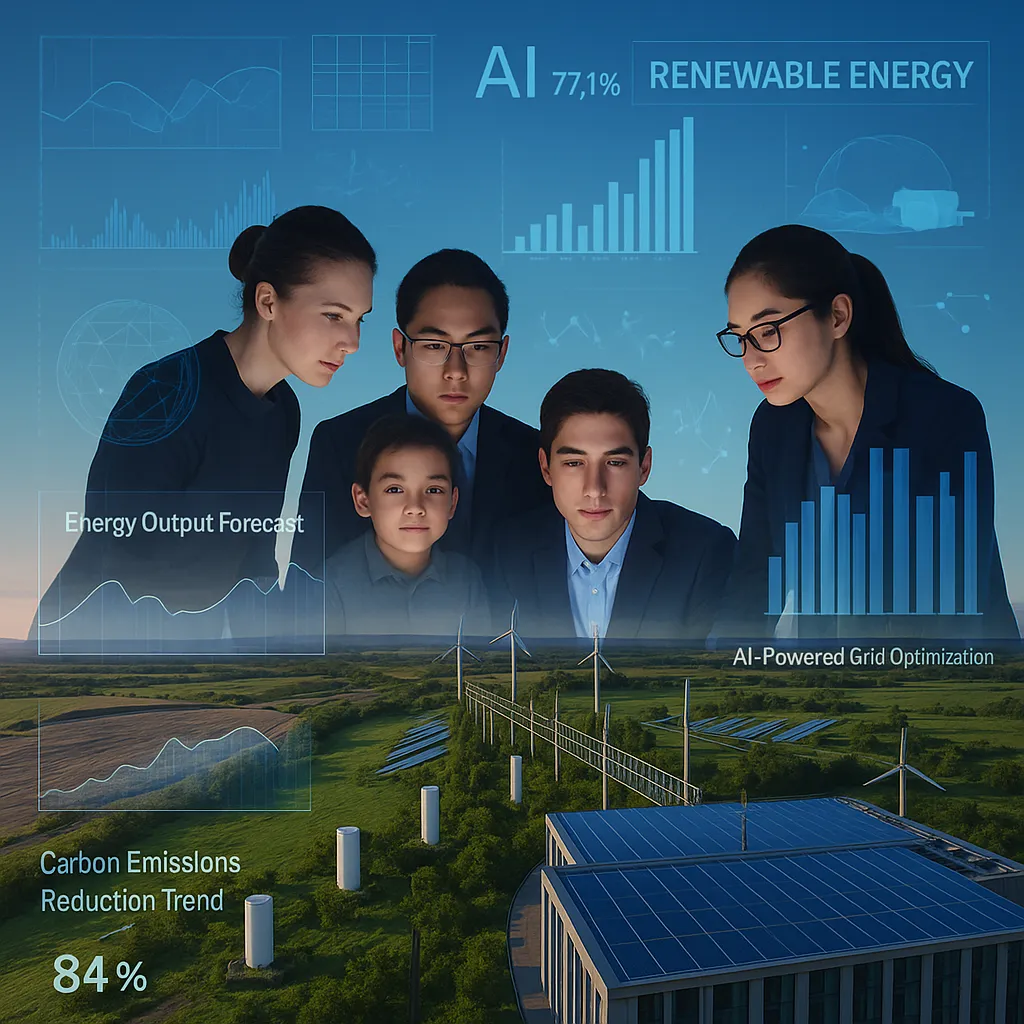 Four professionals study AI energy data over wind turbines and solar panels, with corrected charts showing energy forecasts, carbon reduction, and renewable grid optimization.