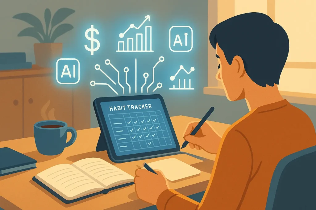 Person writing in a digital journal beside habit tracker on tablet. Floating AI and stock icons enhance a calm, focused home office with morning light.