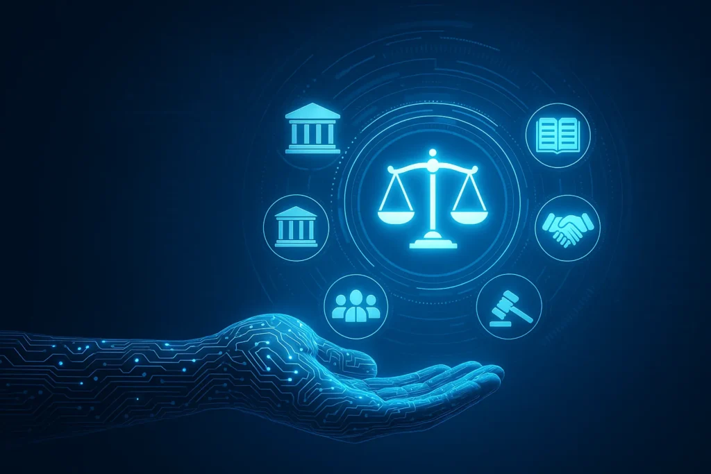 Circuit-patterned robotic hand in the defense technology market supports a glowing justice interface with icons for law, ethics, policy, and governance—symbolizing AI regulation in a futuristic digital age.