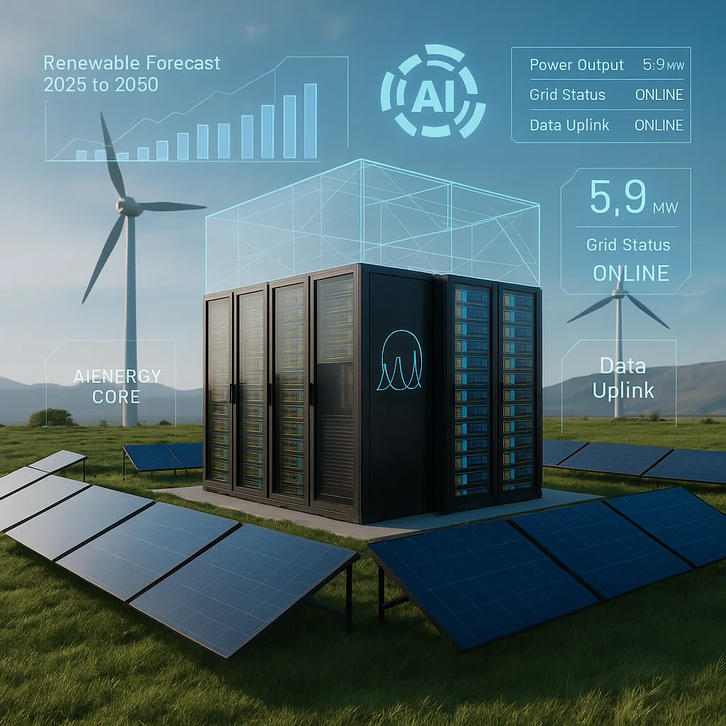 AI energy core surrounded by solar panels and wind turbines displays holographic dashboards showing power output, grid status, data uplink, and renewable energy forecast.