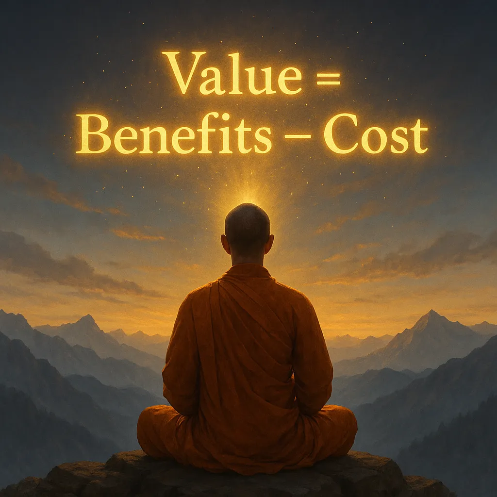 Digital painting of a monk meditating on a mountain at sunset, with a glowing value equation above—symbolizing appreciation vs depreciation through wisdom and reflection.
