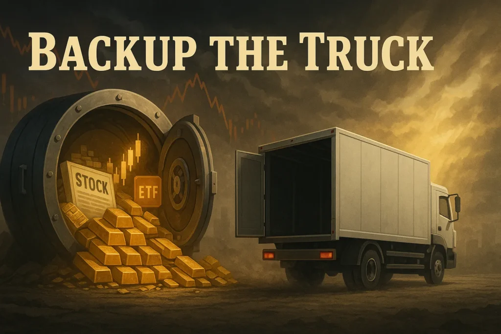 Cargo truck reverses toward a glowing vault spilling gold, stocks, and ETFs under stormy skies—symbolizing bold investing during a recession. Title: “Backup the Truck.”
