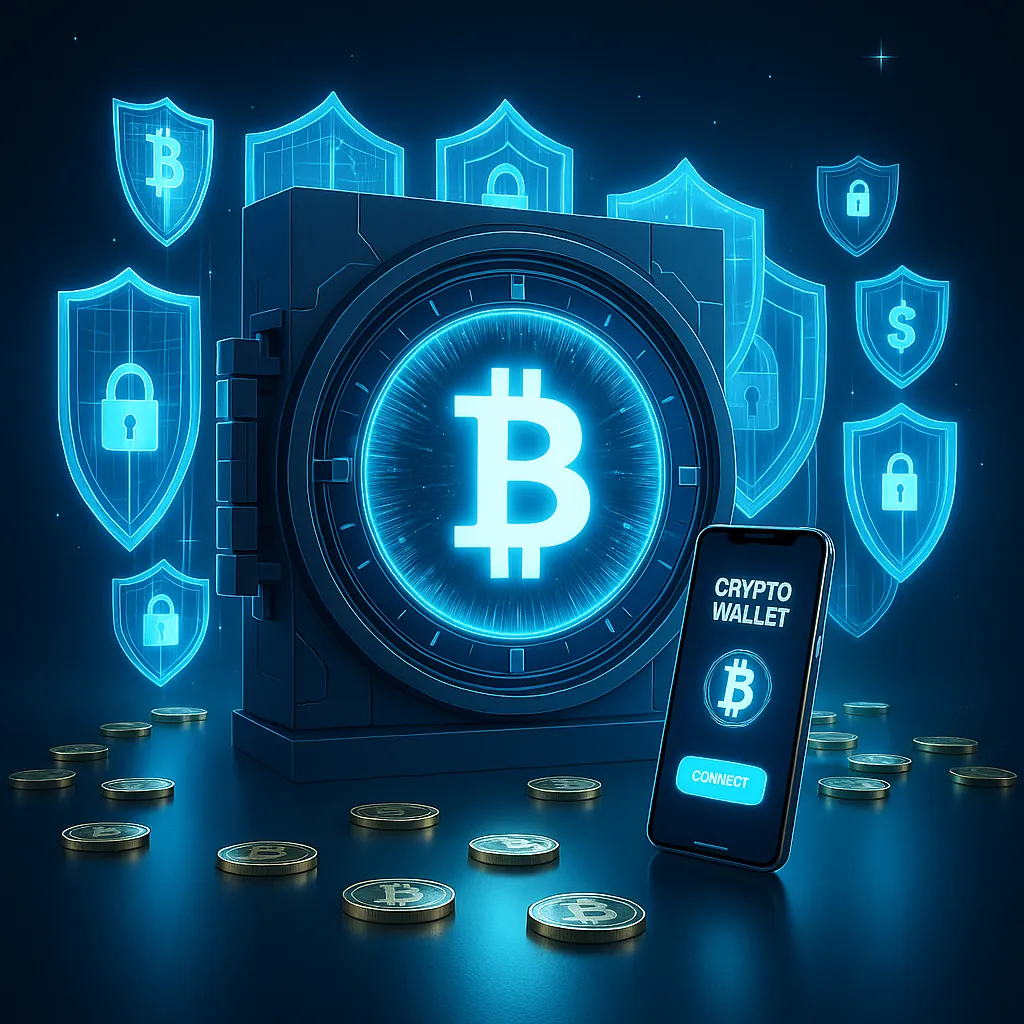 Futuristic Bitcoin vault with crypto wallet app on smartphone, glowing button, and security shields. Designed to visually emphasize how to protect your crypto assets.