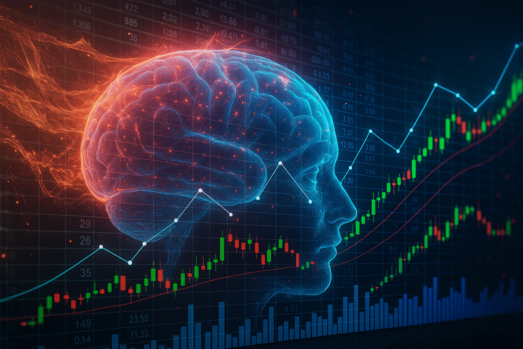 Glowing digital brain over stock charts—illustrating the challenge to stay rational in markets by blending neuroscience and finance.