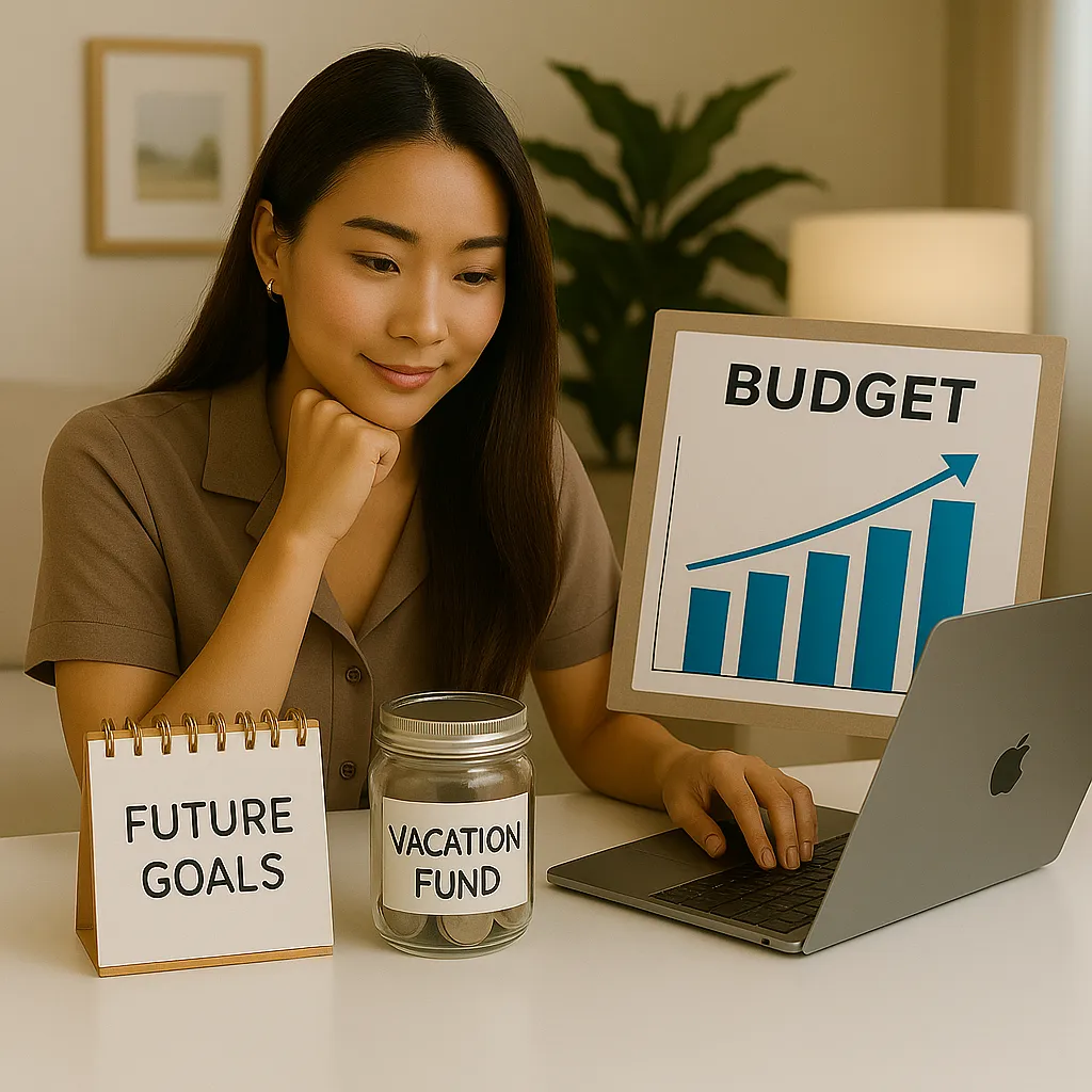 Woman plans budget at laptop with a savings jar, future goals pad, and bar graph labeled “BUDGET” showing financial progress in a cozy home setting. 