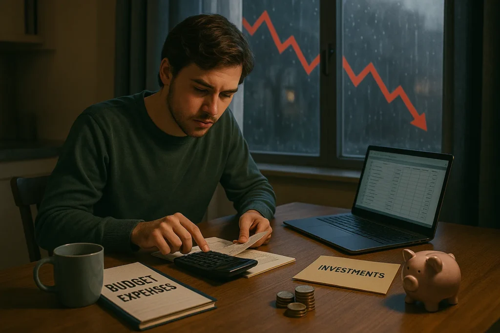 Young man calculating expenses with a laptop, budget notebook, and piggy bank while a falling stock chart outside symbolizes investing during a recession. 