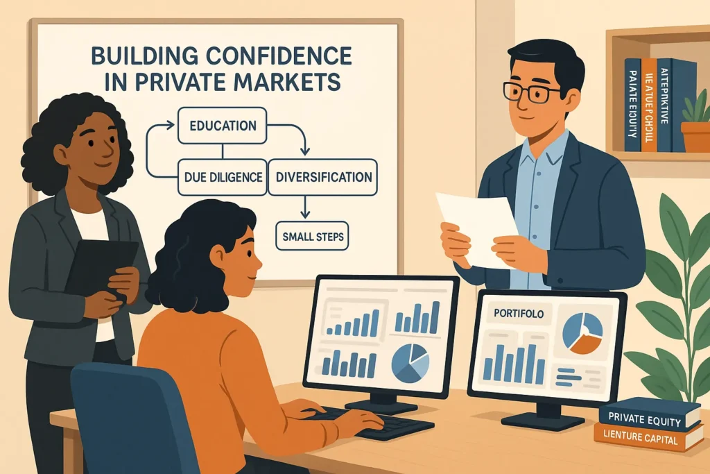Three diverse professionals analyze private markets data in a modern office, reviewing charts and a strategy board focused on education, due diligence, and diversification.