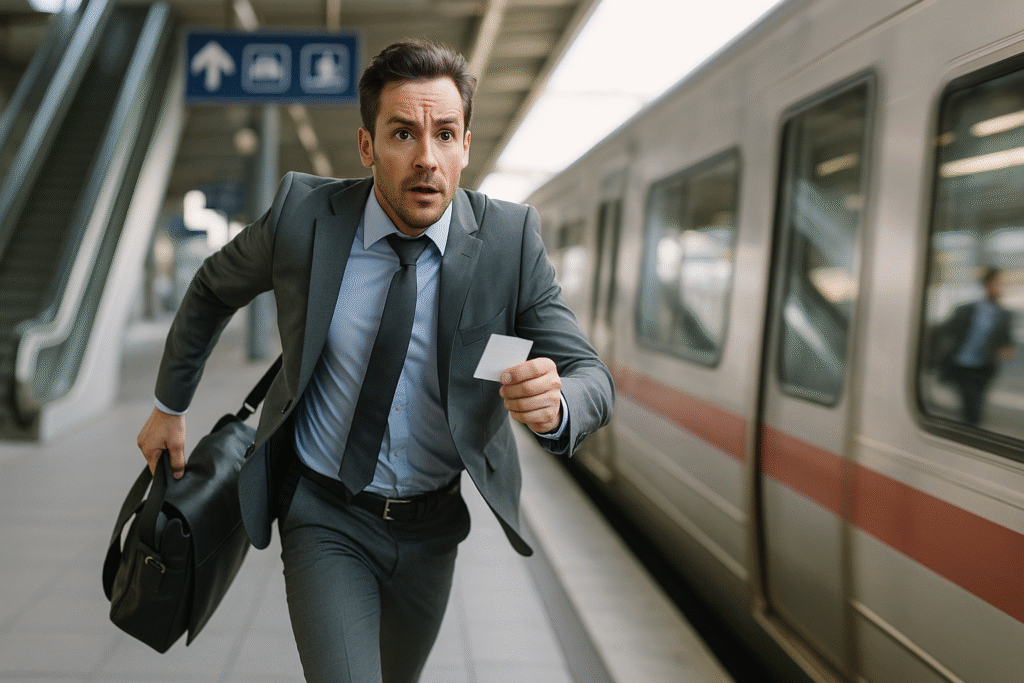 Businessman in a grey suit runs on a train platform, chasing a silver train—symbolizing FOMO and the challenge to stay rational in markets. Urban station, bright daylight, motion blur background.