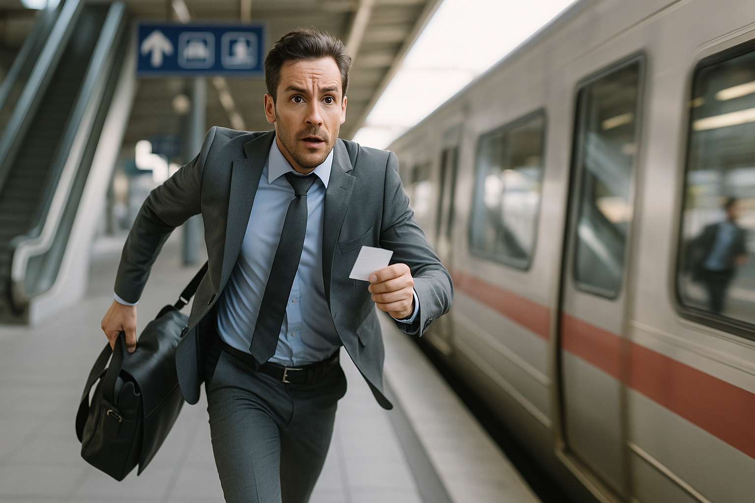 Businessman in a grey suit runs on a train platform, chasing a silver train—symbolizing FOMO and the challenge to stay rational in markets. Urban station, bright daylight, motion blur background.
