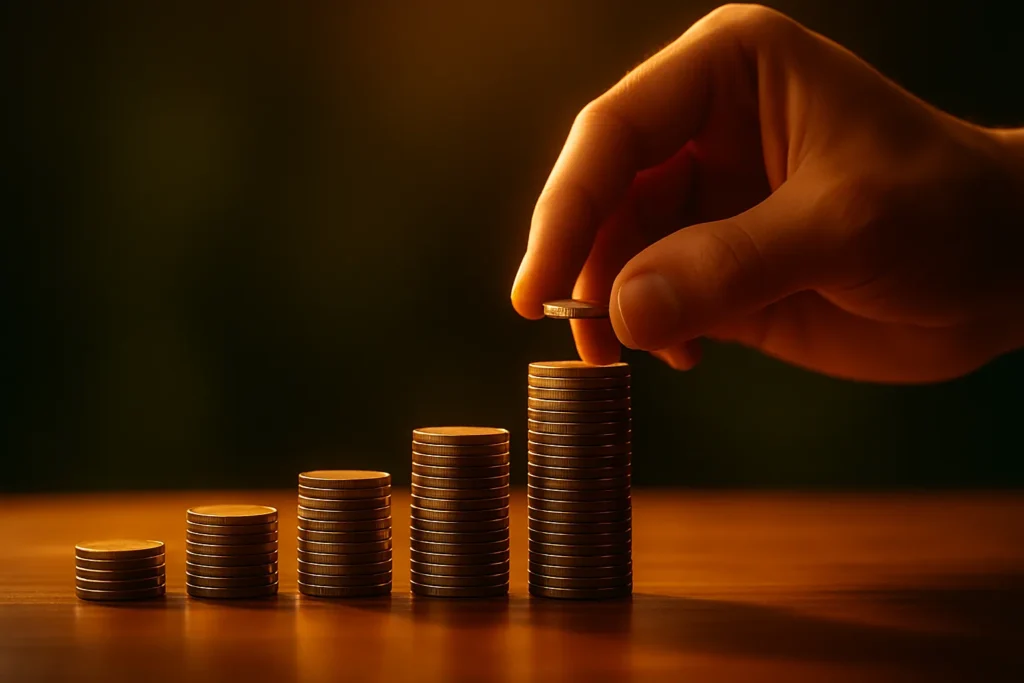 A hand carefully stacks coins in ascending order on a wooden surface, symbolizing growth, saving money, and financial discipline under a golden, hopeful light.
