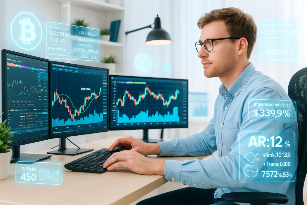 Young analyst studying charts with holographic metrics, helping with understanding crypto liquidity pools in a bright, tech-savvy environment focused on decentralized finance data.