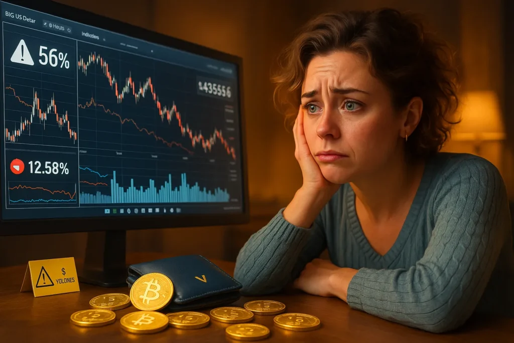 Worried woman watches crypto market crash, coins scattered on desk, capturing emotional reality of understanding crypto liquidity pools amid sudden Bitcoin value drop.