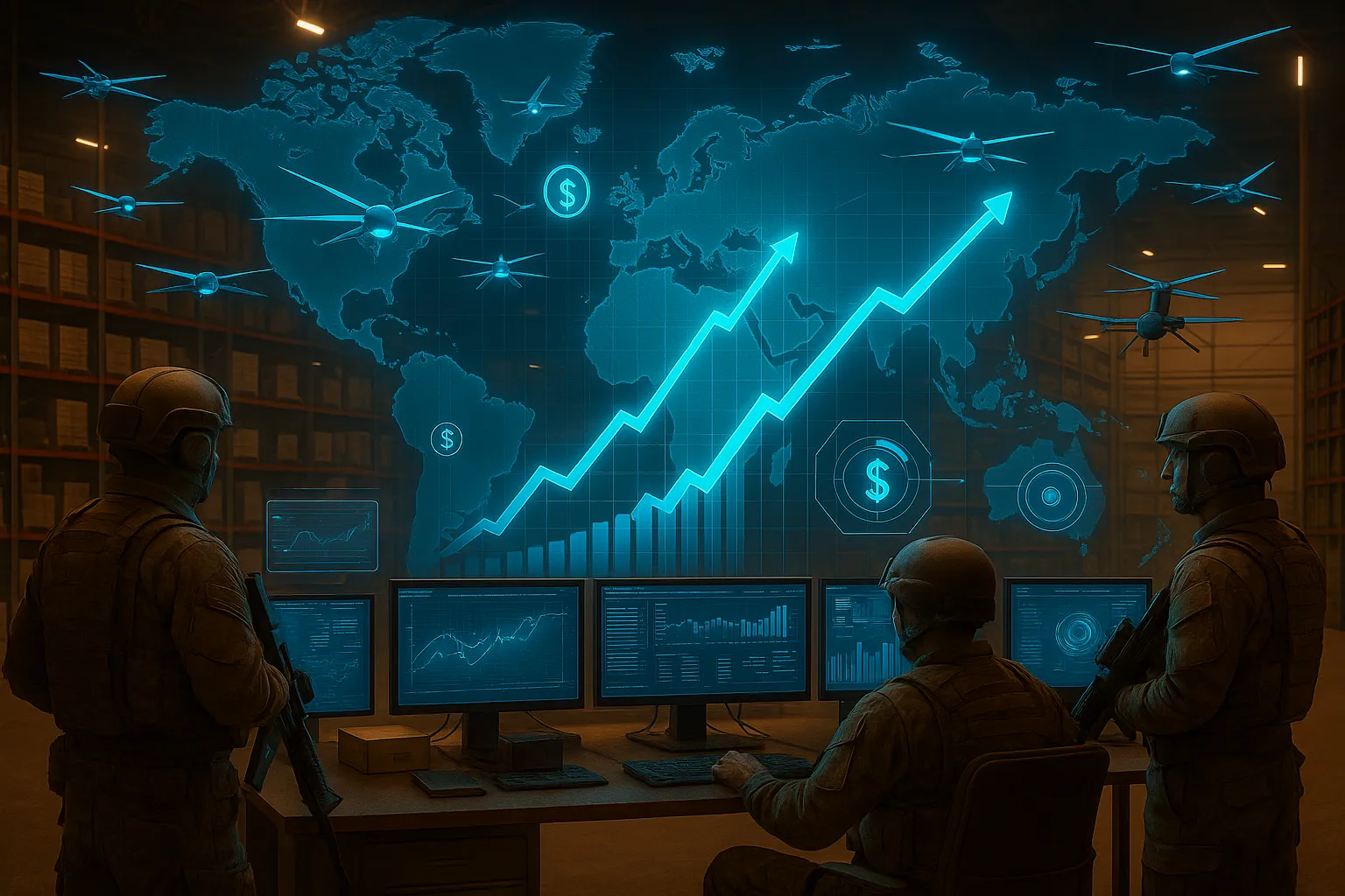 Soldiers manage digital command systems in a high-tech warehouse, analyzing drones and financial data overlays on a glowing world map highlighting defense-tech and economic growth.