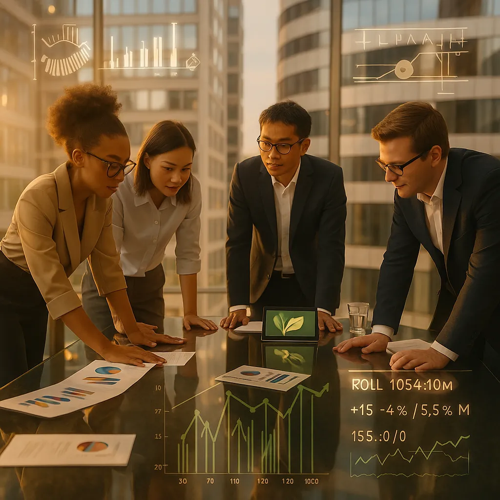 Four diverse professionals reviewing data at a glass table, warm sunlight fills the room, digital dashboards glow, and a sustainability icon is shown. 