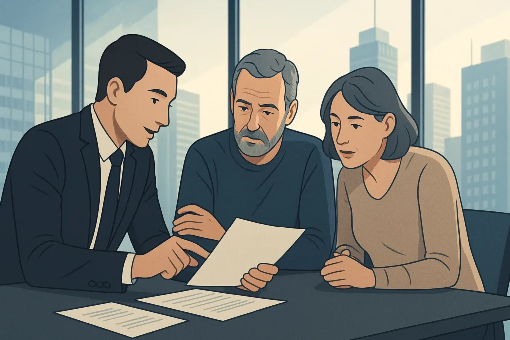 Financial advisor explaining documents to a middle-aged couple in a city office, showcasing trust, financial planning, and guidance with sunlight and skyscrapers in the background.
