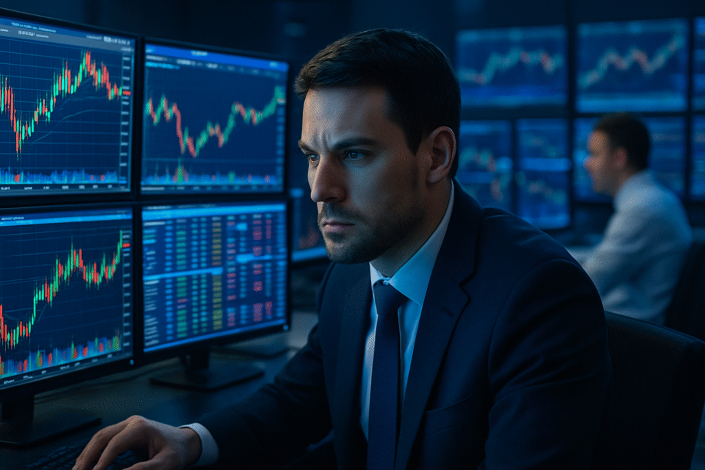 Financial analyst in a dark trading room, surrounded by glowing charts—capturing the intensity of trying to stay rational in markets during volatility.