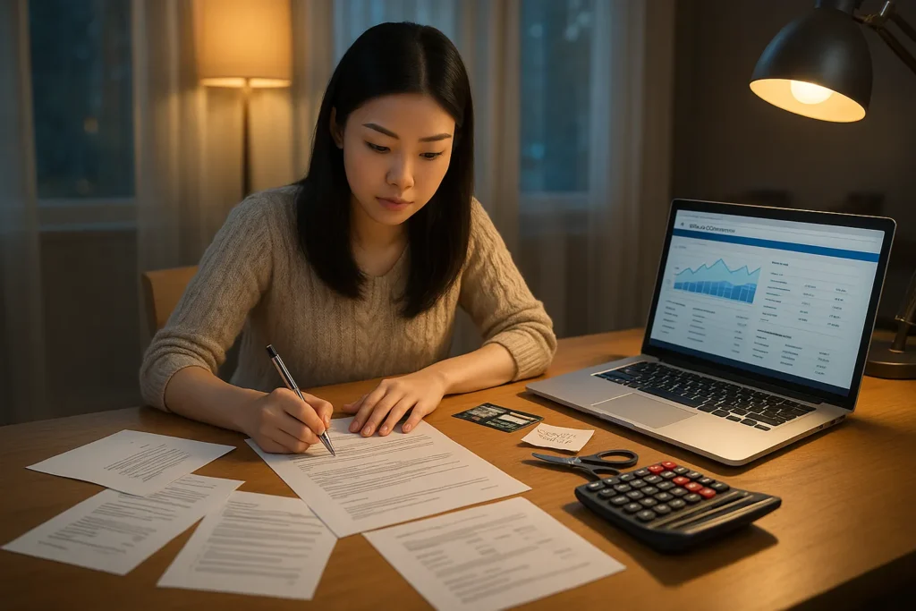 Young East Asian woman works at a desk with documents, calculator, and laptop, focusing under warm lighting in a cozy room, suggesting evening financial planning. 
