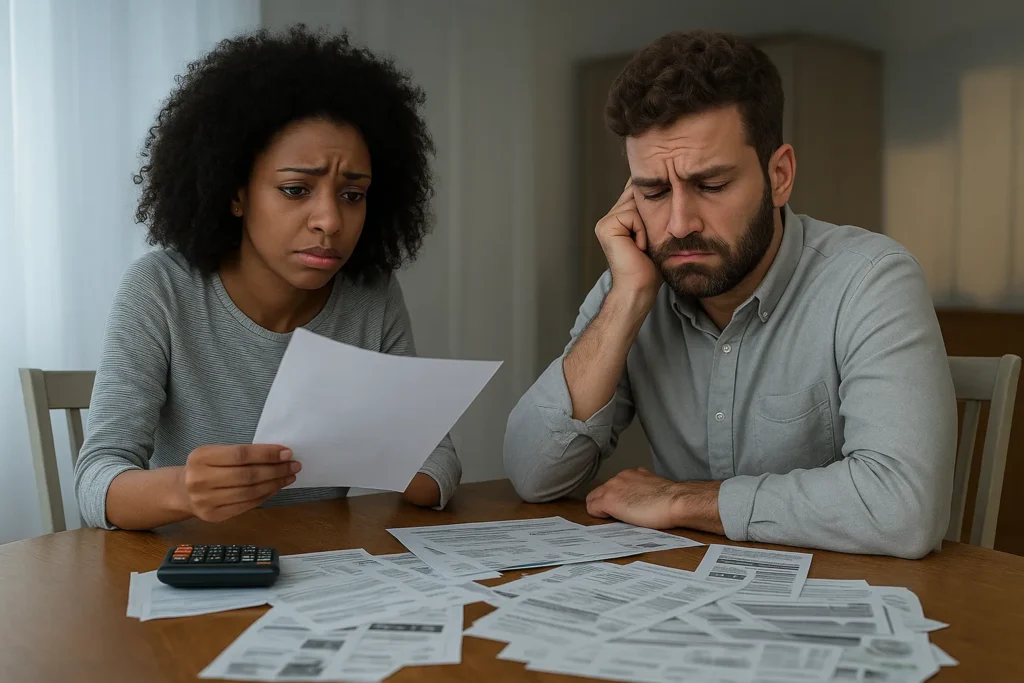 Couple reviewing bills at table, showing concern and stress, illustrating financial red flags in relationships such as debt, miscommunication, and poor planning habits.