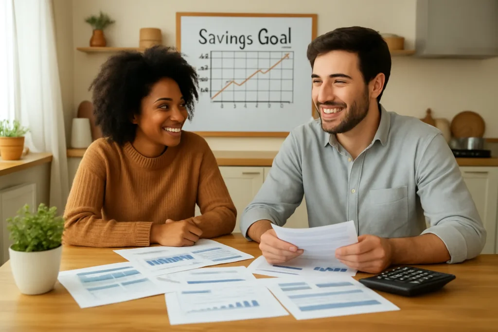 Happy couple smiles while reviewing documents, successfully navigating financial red flags in relationships, surrounded by charts, calculator, and a savings goal chart in cozy kitchen. 