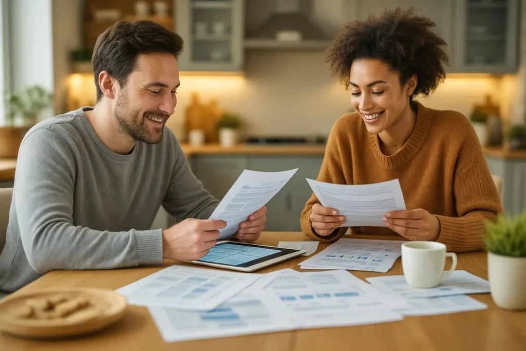 Happy couple reviewing paperwork at home, unaware of financial red flags in relationships, with charts, bills, and tablet spread across a cozy kitchen table.