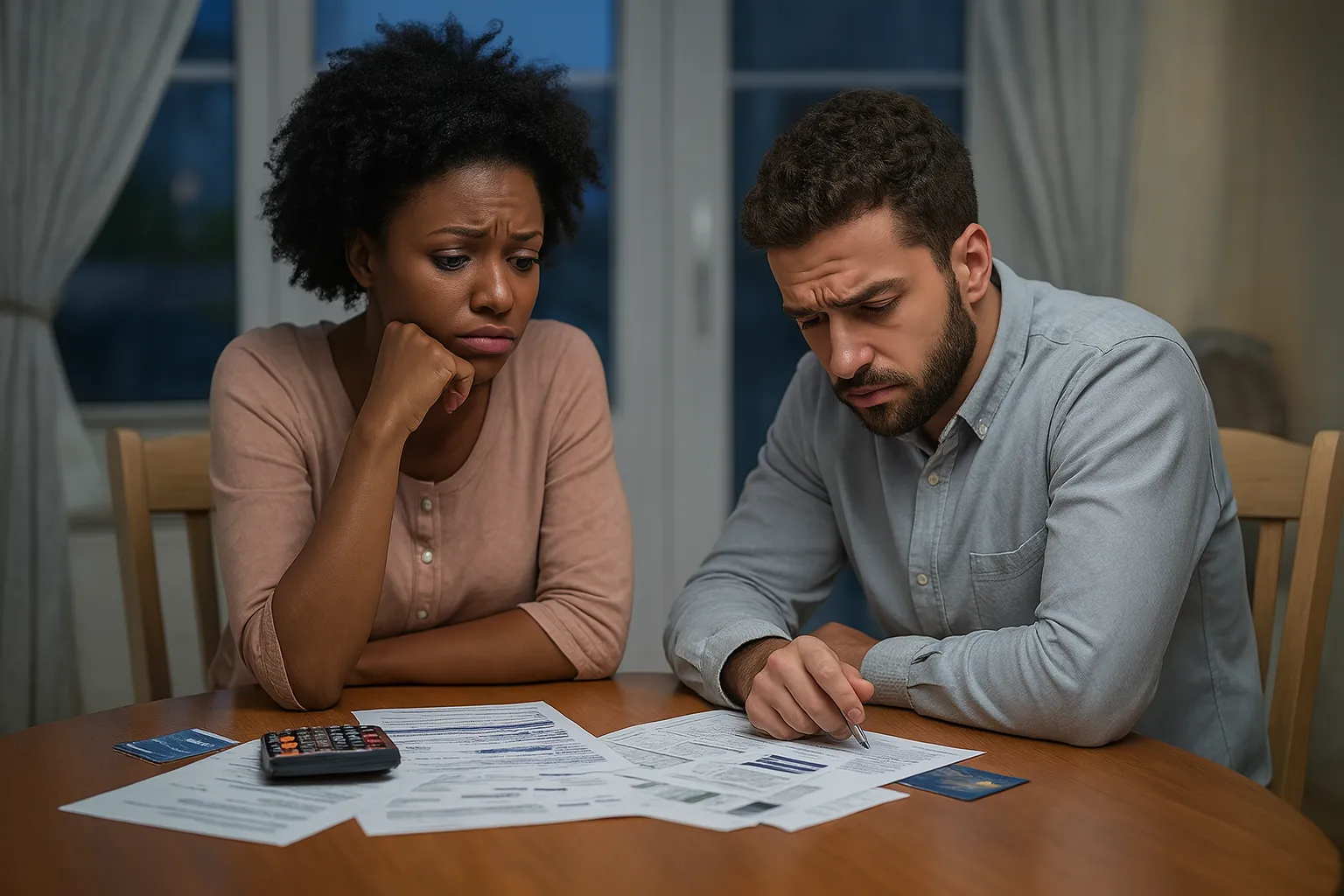 A worried couple examines bills and credit cards at a table, illustrating financial red flags in relationships and the emotional stress money issues can cause.