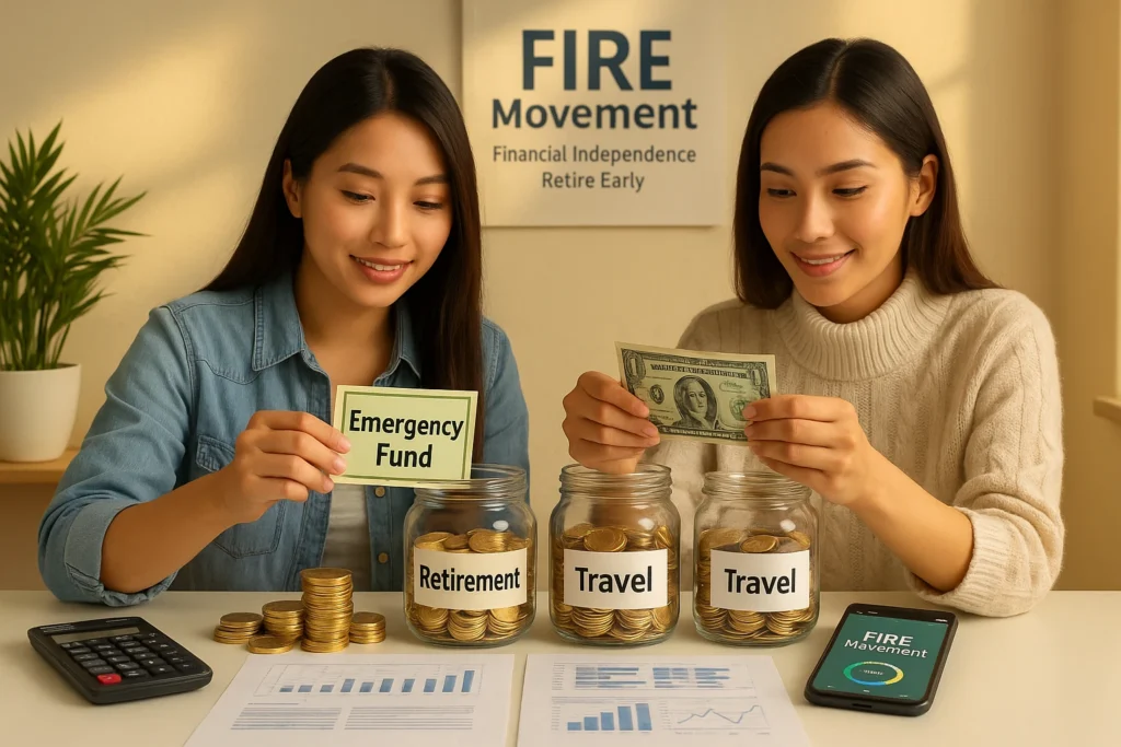 Two women plan their finances using labeled jars and charts, embracing the FIRE Movement by organizing emergency, retirement, and travel savings at a tidy desk.