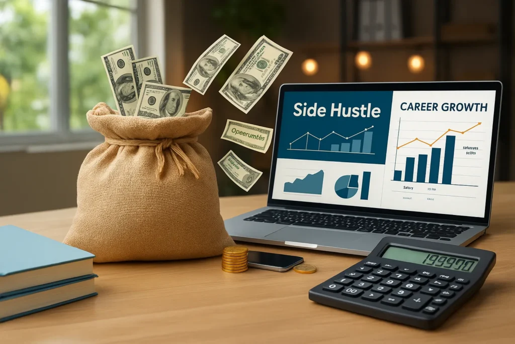 A modern workspace symbolizing the FIRE Movement with a laptop, financial charts, money bag, and calculator promoting financial independence and early retirement strategies.