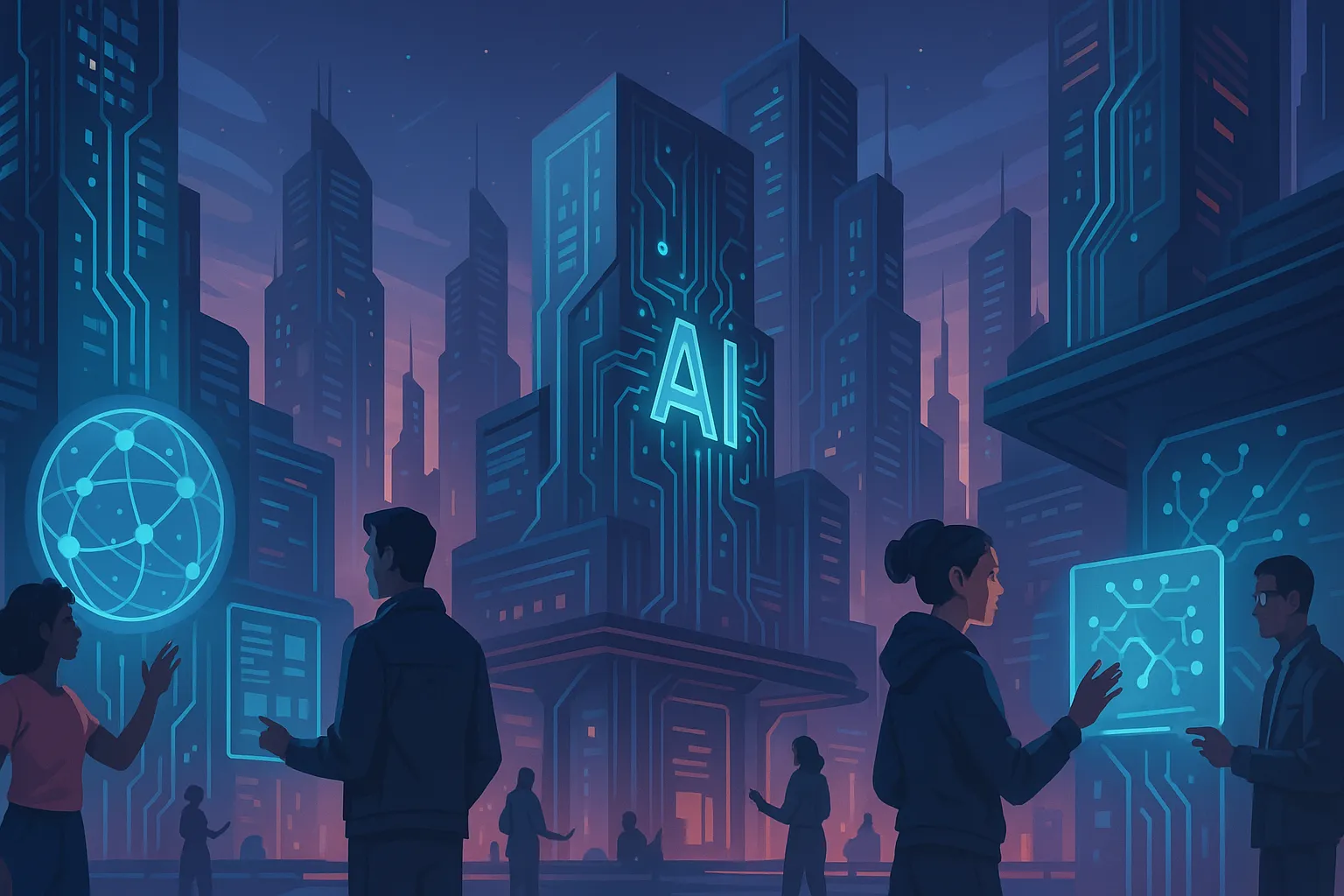Futuristic cityscape with glowing AI circuits on skyscrapers, diverse people interacting with holographic interfaces, sleek architecture, and a twilight palette in a digital illustration.
