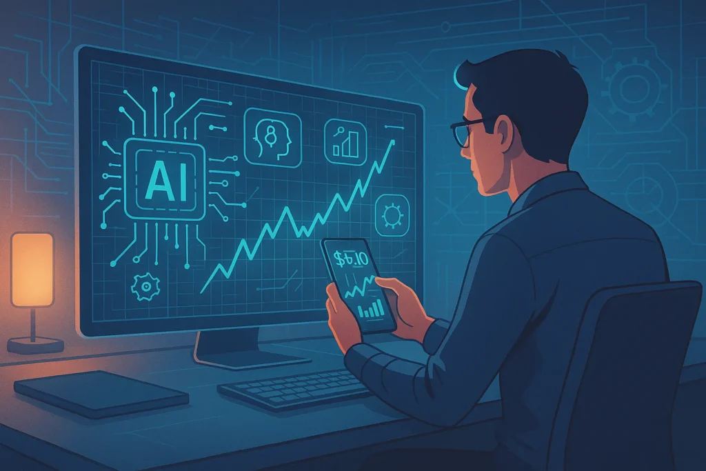 Investor at a sleek workstation analyzing futuristic digital charts. AI and tech icons illuminate screen in blueprint style, surrounded by soft neon lighting and modern design.