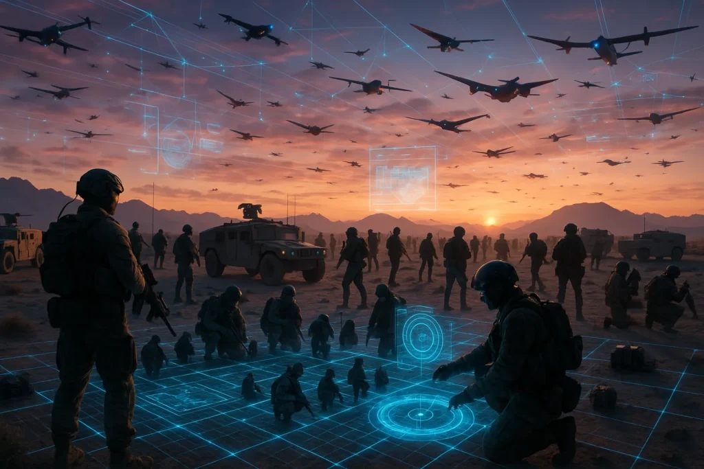 Futuristic battlefield in the defense technology market, featuring soldiers, drones, holographic grids, and vehicles at sunset. AI-connected aircraft and digital overlays illustrate how advanced tech is reshaping modern military operations in desert terrain.
