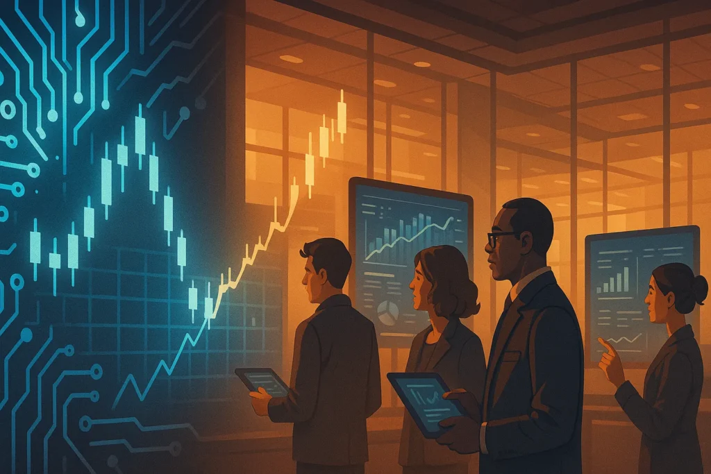 Digital illustration of diverse investors in a futuristic office, analyzing holographic charts as a glowing circuit board morphs into a rising stock market trend. 