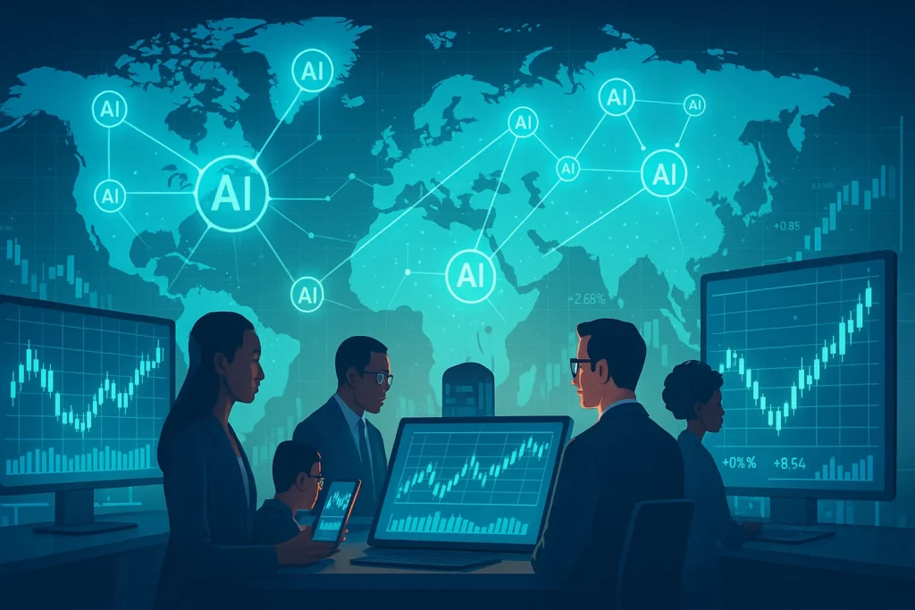 Diverse investors analyze stock charts on digital screens, framed by a glowing world map with AI data nodes in a futuristic global finance hub with tech tones.
