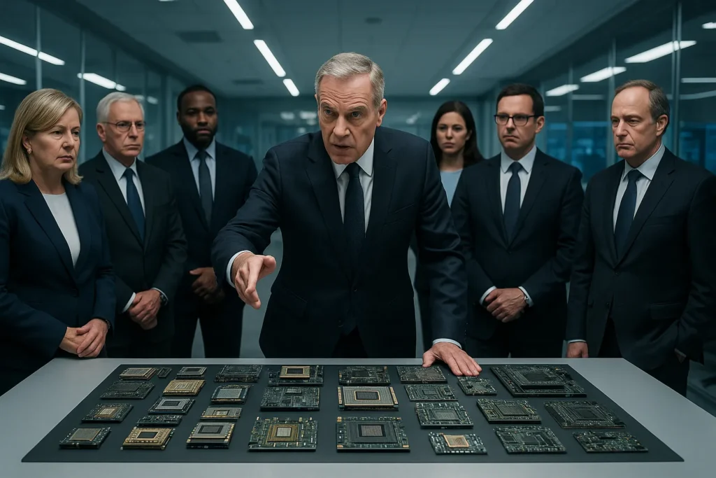 Senior officials in suits gather around a table of microchips in a secure government lab, discussing national tech policy under futuristic lighting and digital displays. 