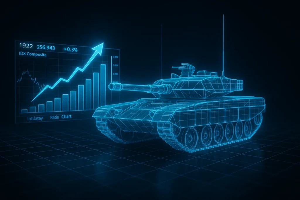 Futuristic wireframe tank glows blue on digital grid, with rising stock chart ahead symbolizing defense industry profits, military technology, and economic growth convergence.