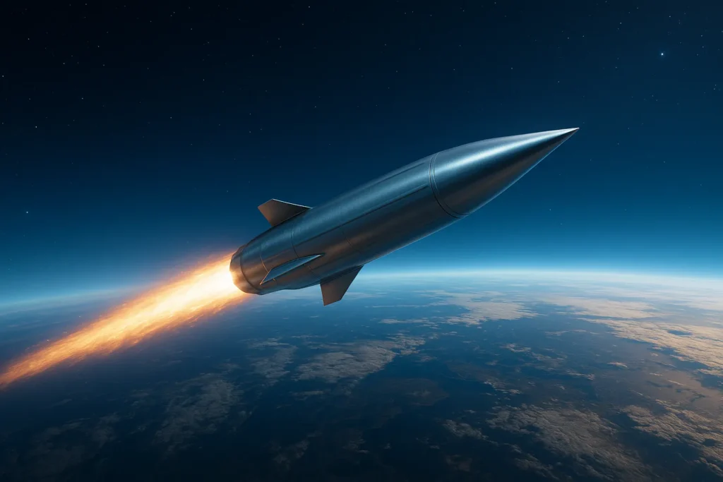 Hypersonic missile representing advancements in the defense technology market streaks through the upper atmosphere, leaving a fiery trail. Its sleek metallic body reflects light above Earth’s curve, with stars and deep space forming a dramatic backdrop.