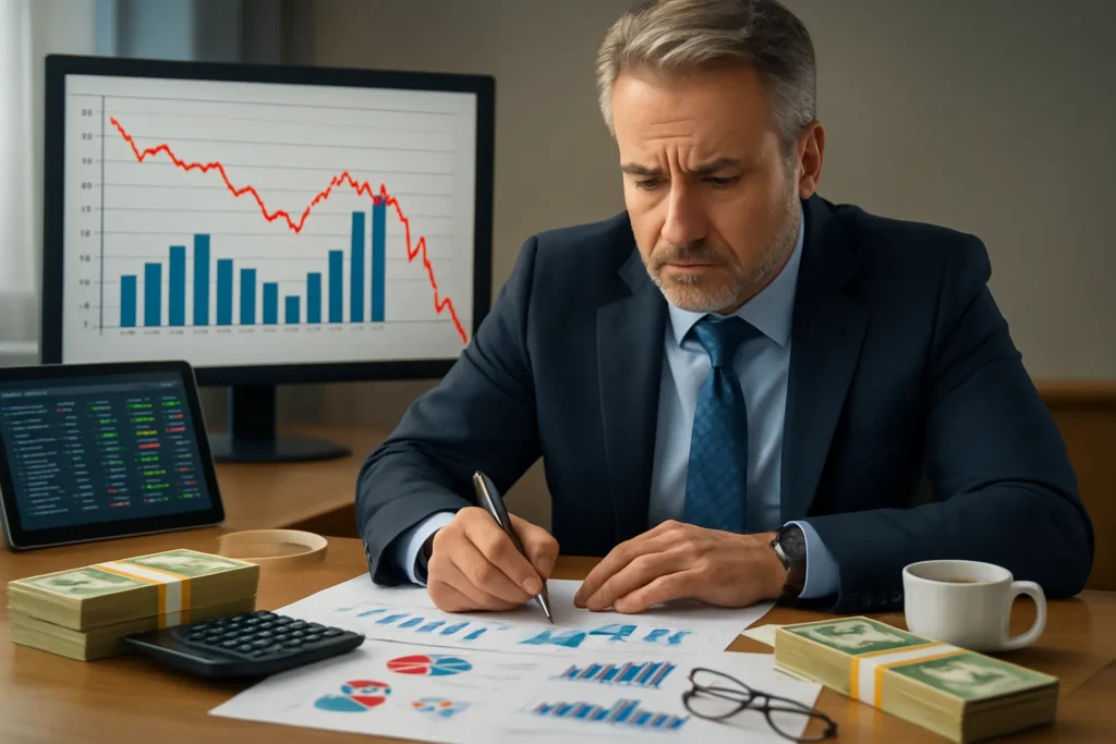 Middle-aged businessman analyzes financial charts with concern. Dual monitors show declining data. Inflation-proof your portfolio with strategic insights, resilience, and calm focus under market pressure.