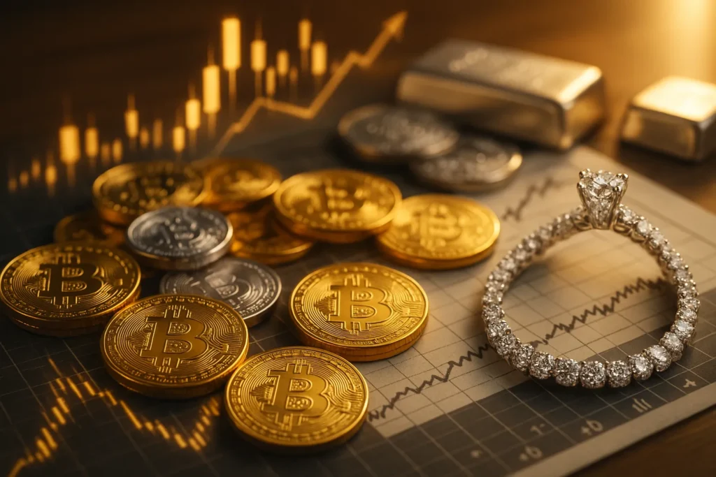 Gold coins, silver bars, and diamond jewelry symbolize wealth and crypto gains—perfect elements to inflation-proof your portfolio with assets that hold intrinsic value.
