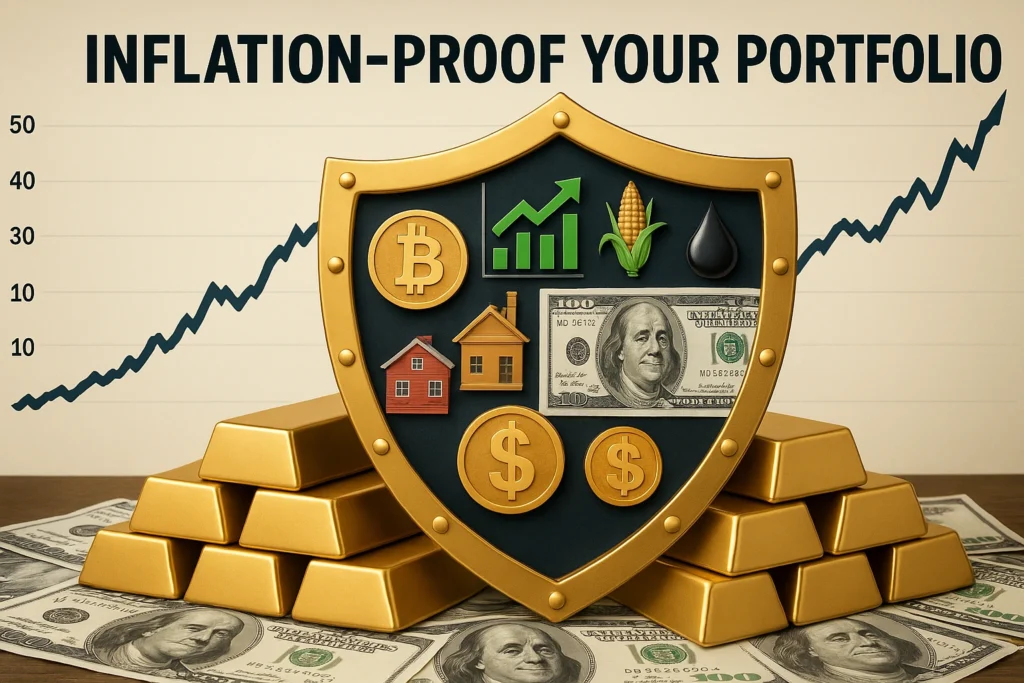 Golden shield displays key assets like crypto, real estate, oil, and gold to effectively inflation-proof your portfolio, ensuring long-term wealth protection and financial resilience.