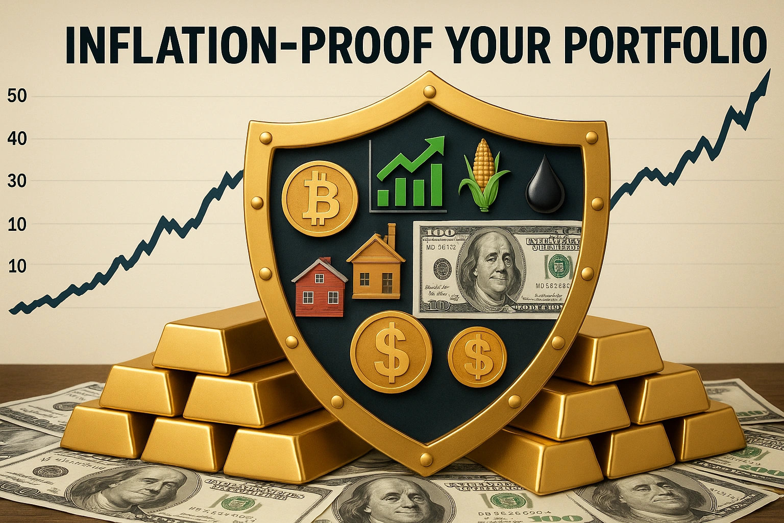 Golden shield displays key assets like crypto, real estate, oil, and gold to effectively inflation-proof your portfolio, ensuring long-term wealth protection and financial resilience.
