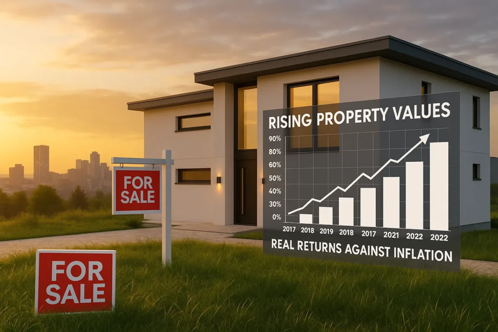 Modern home with "For Sale" signs and bar chart showing rising property values. Inflation-proof your portfolio with real estate investments offering growth and long-term security.