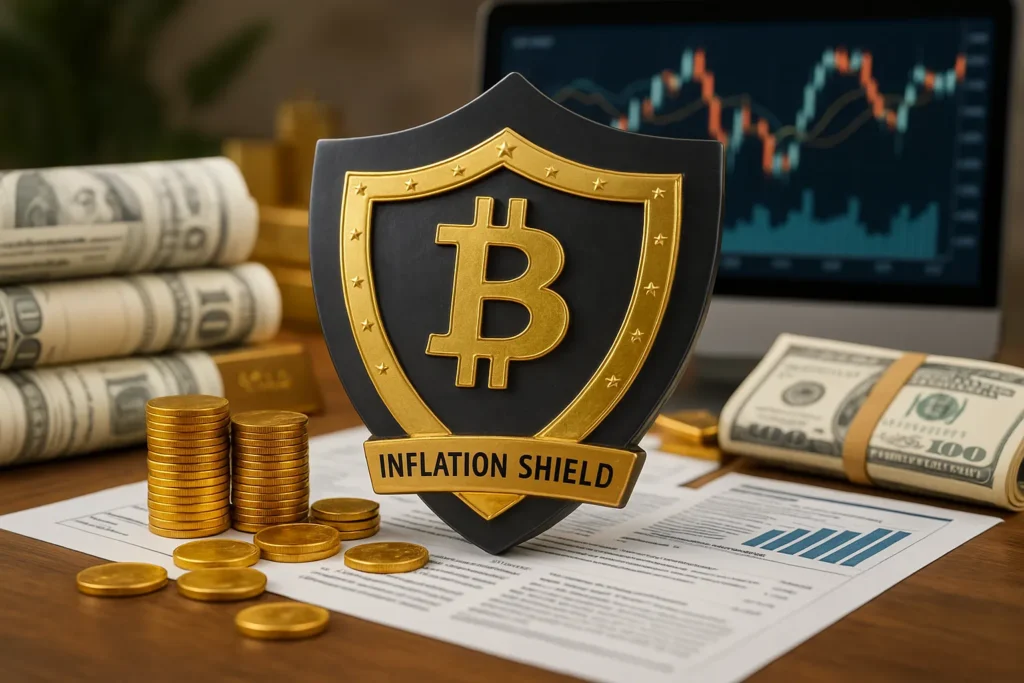 Bitcoin emblem on a gold-trimmed shield, surrounded by cash and coins. Inflation-proof your portfolio with digital assets amid financial charts and rising market volatility.