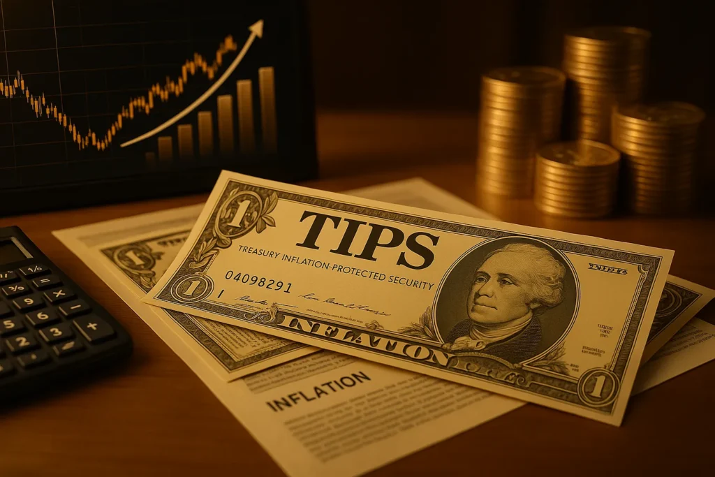 TIPS notes, a calculator, and gold coins reinforce secure investment strategies to inflation-proof your portfolio against rising prices and volatile financial markets.