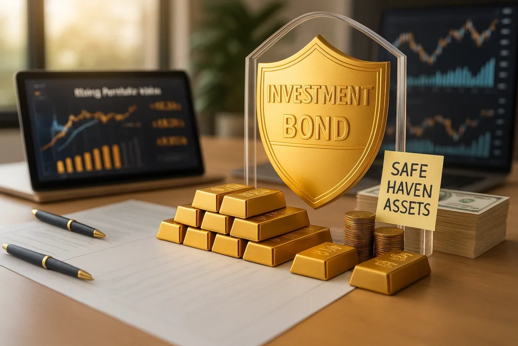 Gold bars, coins, and an investment bond shield create a strong visual narrative to inflation-proof your portfolio using safe-haven assets and diversified strategies.