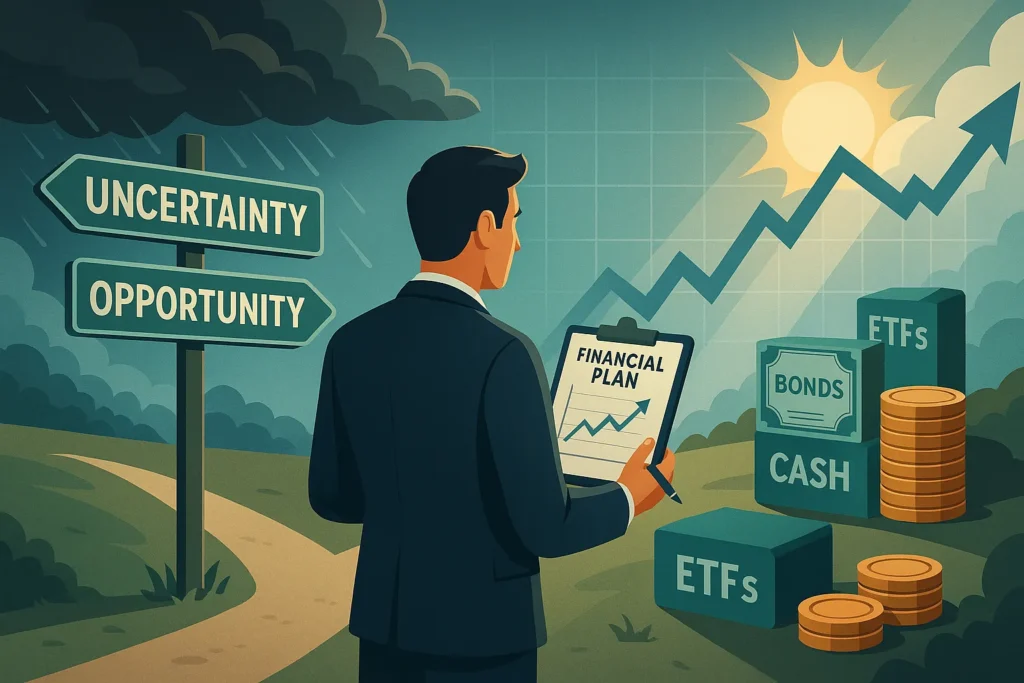A businessman stands at a crossroads labeled uncertainty and opportunity, reviewing a financial plan with ETFs, bonds, and cash, symbolizing confident investing during recession.