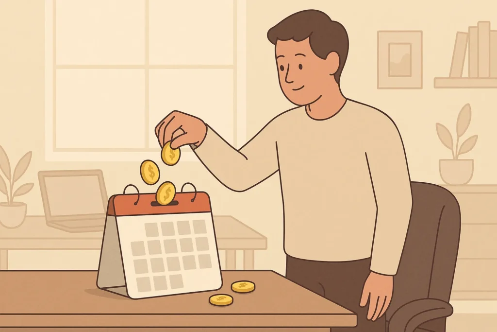 "Flat-style illustration of a person dropping coins into a calendar-shaped piggy bank on a desk, symbolizing consistent investing in a cozy, softly lit workspace."