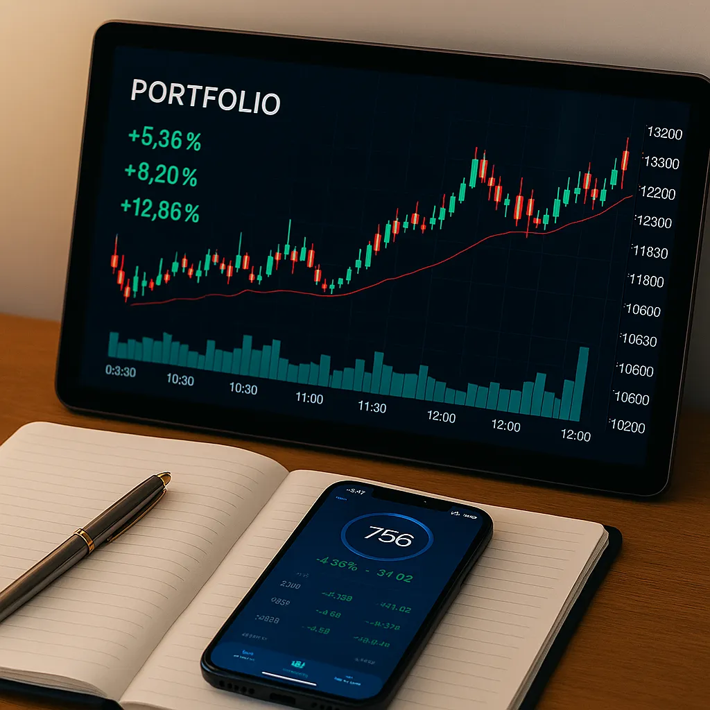 Tablet shows stock chart with green gains; phone displays portfolio stats. Notebook and pen on wooden desk complete a clean, professional finance workspace scene.