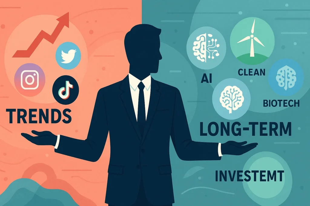 Split-screen image shows investor weighing social media trends versus long-term investments like AI, clean energy, and biotech, symbolizing strategic choices in modern investing. 