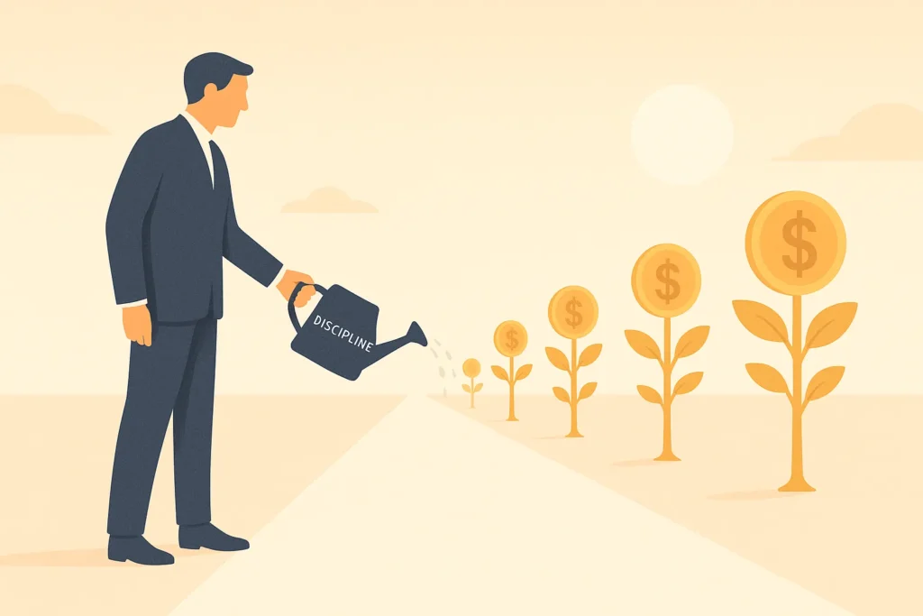 Investor watering money trees along a clear path toward long-term growth, using discipline as a metaphor in a soft, minimalist morning financial scene.