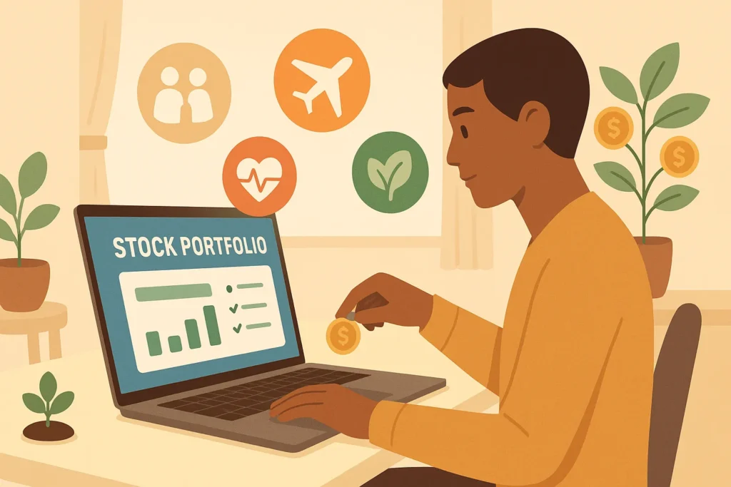 Investor at home customizing stock portfolio with floating goal icons—family, travel, health, sustainability—in soft morning light, featuring a clean modern workspace.